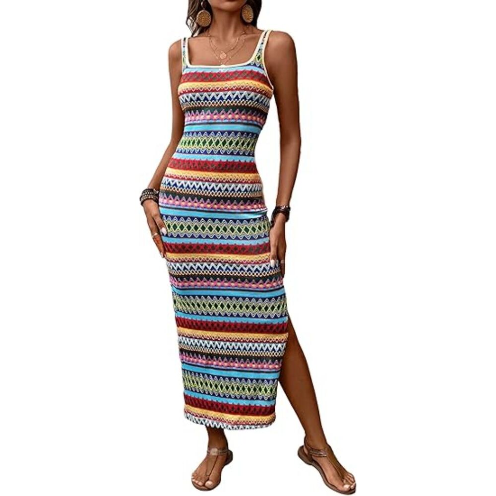 Women's High Split Sleeveless Square Neck Striped Dress size med